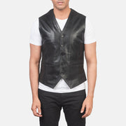 Detalle de cerca of Classic Collar &amp; 5 Button Hardware on Men's Auden Negro Chaleco de Cuero para Hombre