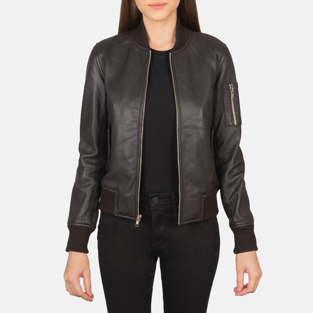 Women's Ava Ma-1 Brown Leather Bomber Jacket in Brown Sheepskin Leather - Vista frontal y silueta a medida | Comprar online