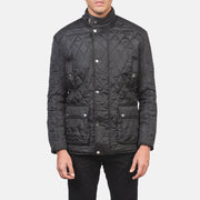 Close-Up Detail of Belted Band & Button Hardware on Men's Barry Quilted Black Windbreaker Jacket