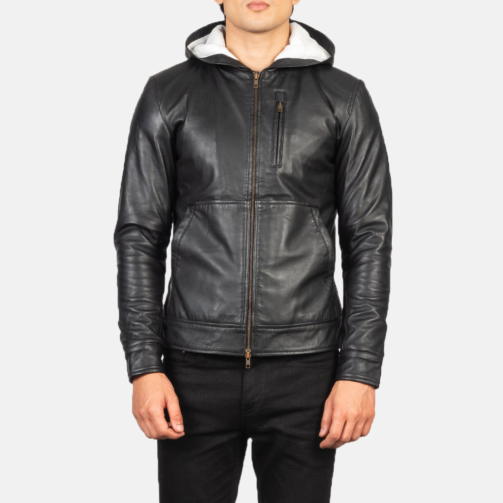 
Vista de detalle of Hooded & Zipper Hardware on Baston Black Hooded Leather Bomber Jacket