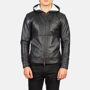 
Vista de detalle of Hooded & Zipper Hardware on Baston Black Hooded Leather Bomber Jacket
