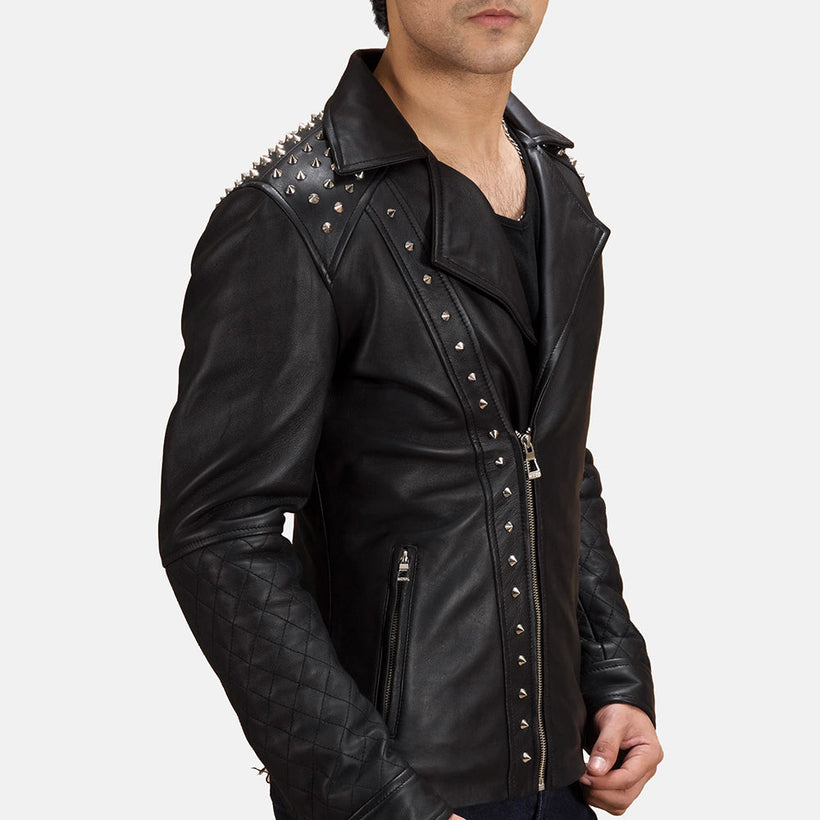 Negro con Tachuelas Chaqueta Biker de Cuero para Hombre