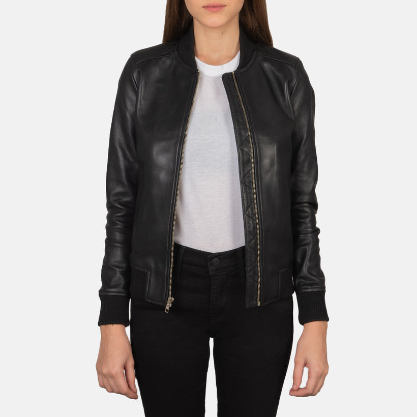 Bliss Negro Cazadora Bomber de Cuero para Mujer