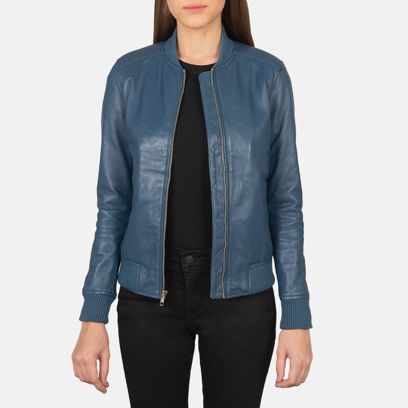 Bliss Azul Cazadora Bomber de Cuero para Mujer