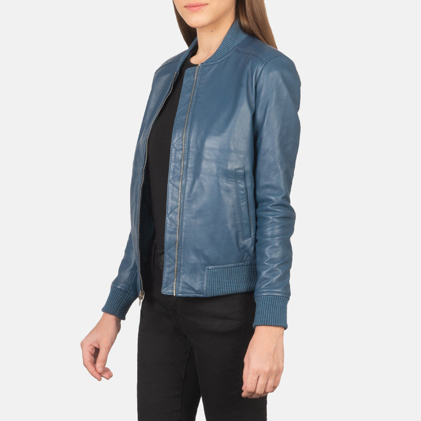 Bliss Azul Cazadora Bomber de Cuero para Mujer