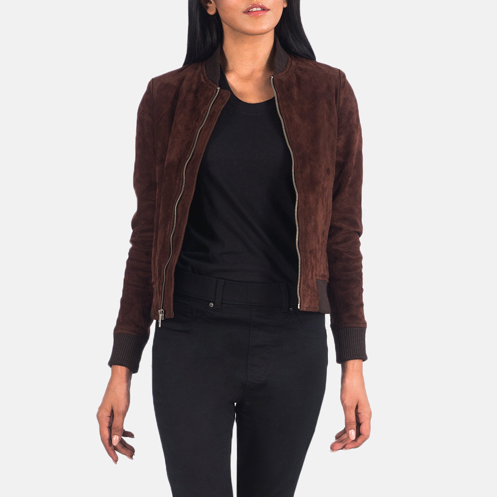 Women's Bliss Marrón Suede Cazadora Bomber de Cuero para Mujer in Brown Goatskin Suede - Vista frontal y silueta a medida | Comprar online
