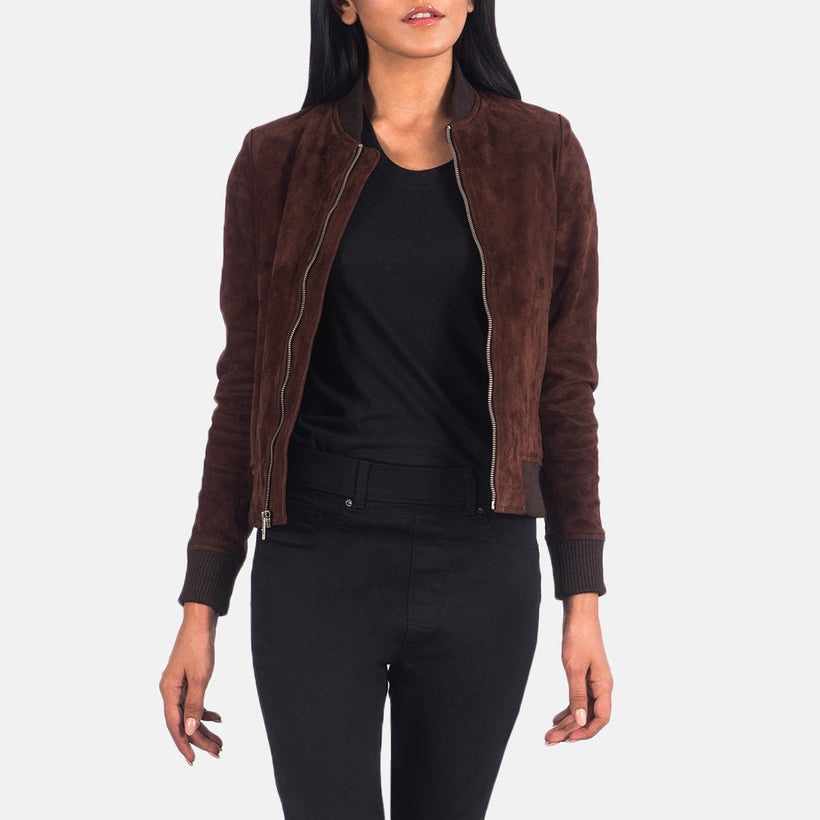 Bliss Marrón Suede Chaqueta Bomber de Cuero para Mujer