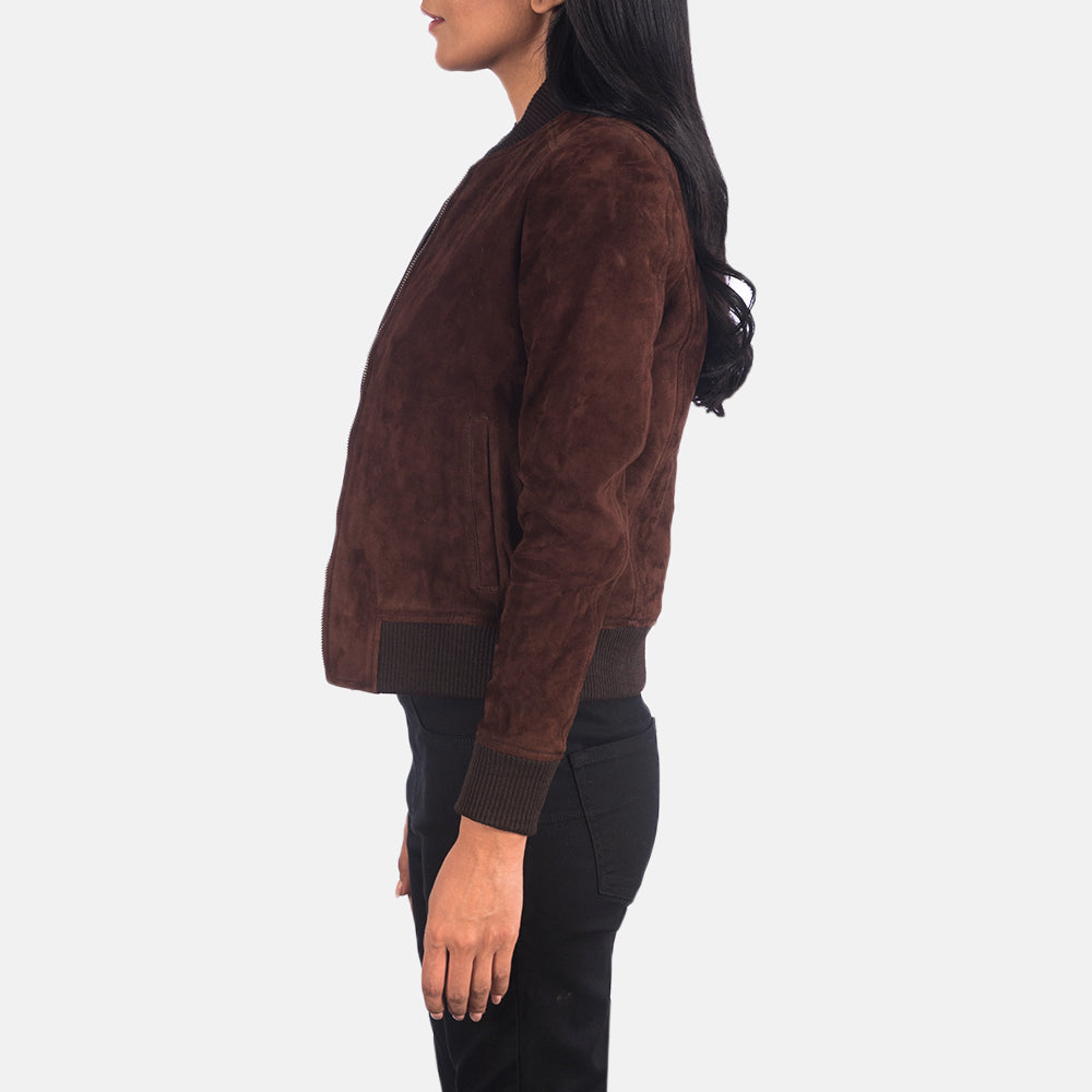 Brown Goatskin Suede Bomber Jacket - Vista trasera con ajuste entallado en hombros y bajo impecable
