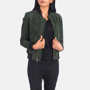 Women's Bliss Verde Suede Cazadora Bomber de Cuero para Mujer in Green Goatskin Suede - Vista frontal y silueta a medida | Comprar online