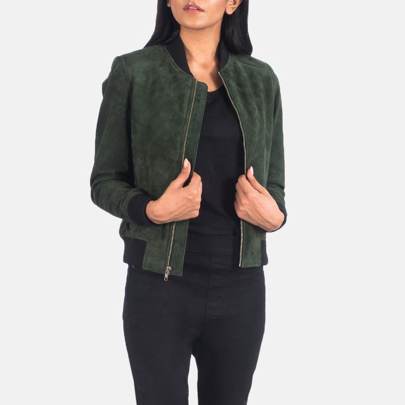 Bliss Verde Suede Chaqueta Bomber de Cuero para Mujer
