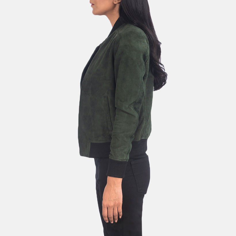 Bliss Verde Suede Chaqueta Bomber de Cuero para Mujer