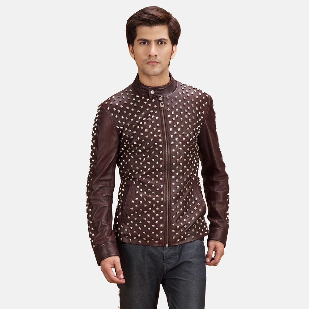 Blix Bono Granate Chaqueta Biker de Cuero para Hombre in Maroon Sheepskin Leather - Vista frontal y silueta a medida | Comprar online