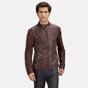 Blix Bono Granate Chaqueta Biker de Cuero para Hombre in Maroon Sheepskin Leather - Vista frontal y silueta a medida | Comprar online