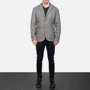 Men's Grey Wool Blazer - Vista de perfil lateral con corte ergonómico de manga