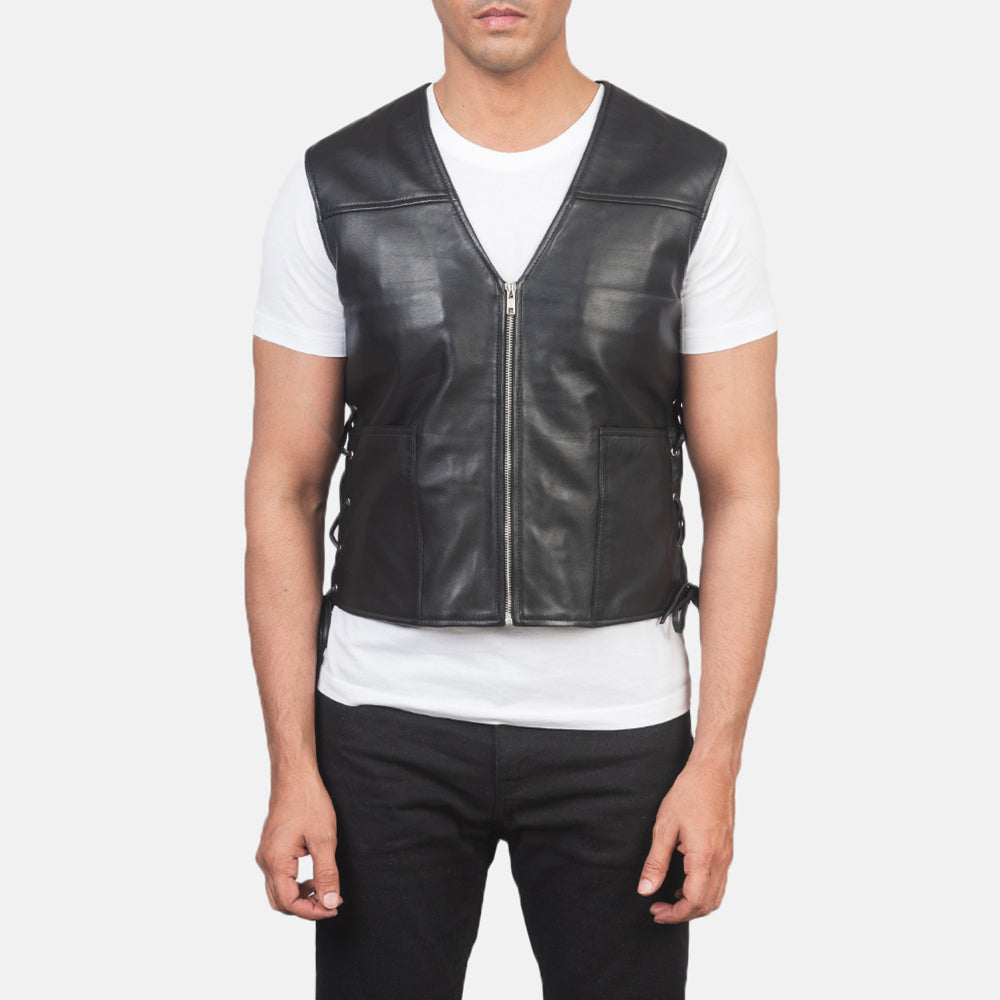 Close-Up Detail of Classic Collar & Zipper Hardware on Men's Brandon Black Leather Vest