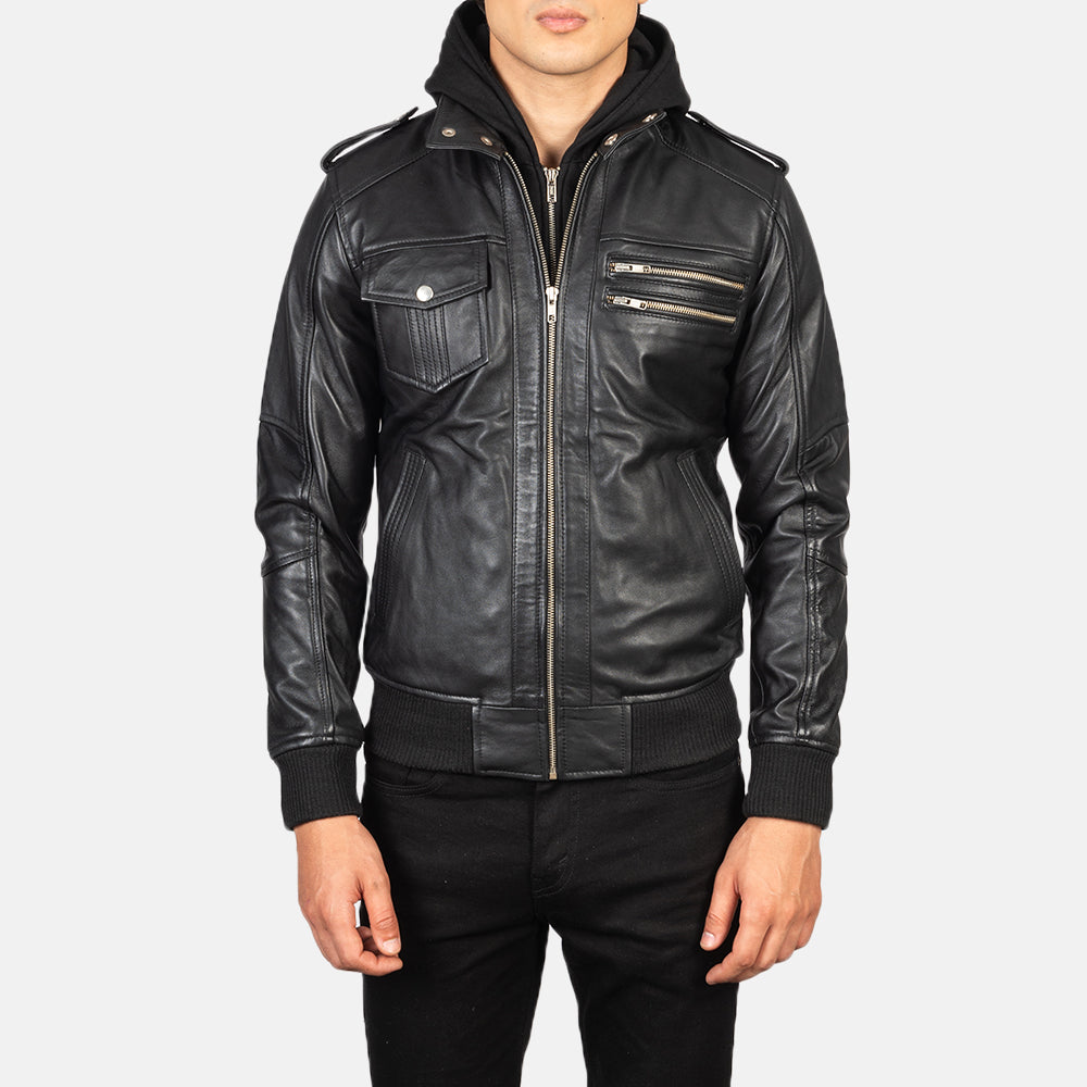 
Vista de detalle of High Neck & Zipper Hardware on Bravado Black Hooded Leather Bomber Jacket