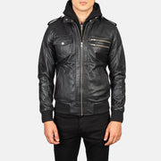 
Vista de detalle of High Neck & Zipper Hardware on Bravado Black Hooded Leather Bomber Jacket