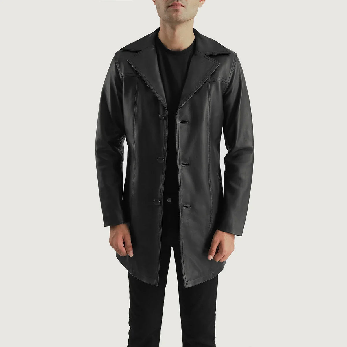 Brawnton Negro Abrigo de Cuero para Hombre in Black Cowhide Leather - Vista frontal y silueta a medida | Comprar online