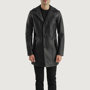 Detalle de cerca of Notch &amp; Button Hardware on Brawnton Negro Abrigo de Cuero para Hombre