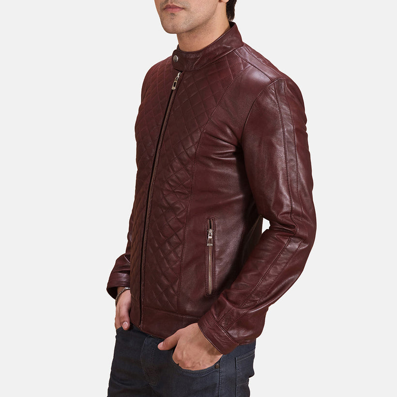 Burgunn Dee Granate Chaqueta Biker de Cuero para Hombre