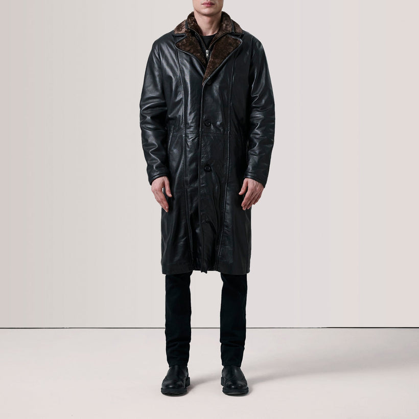 Cai Negro Leather Shearling Abrigo de Cuero para Hombre