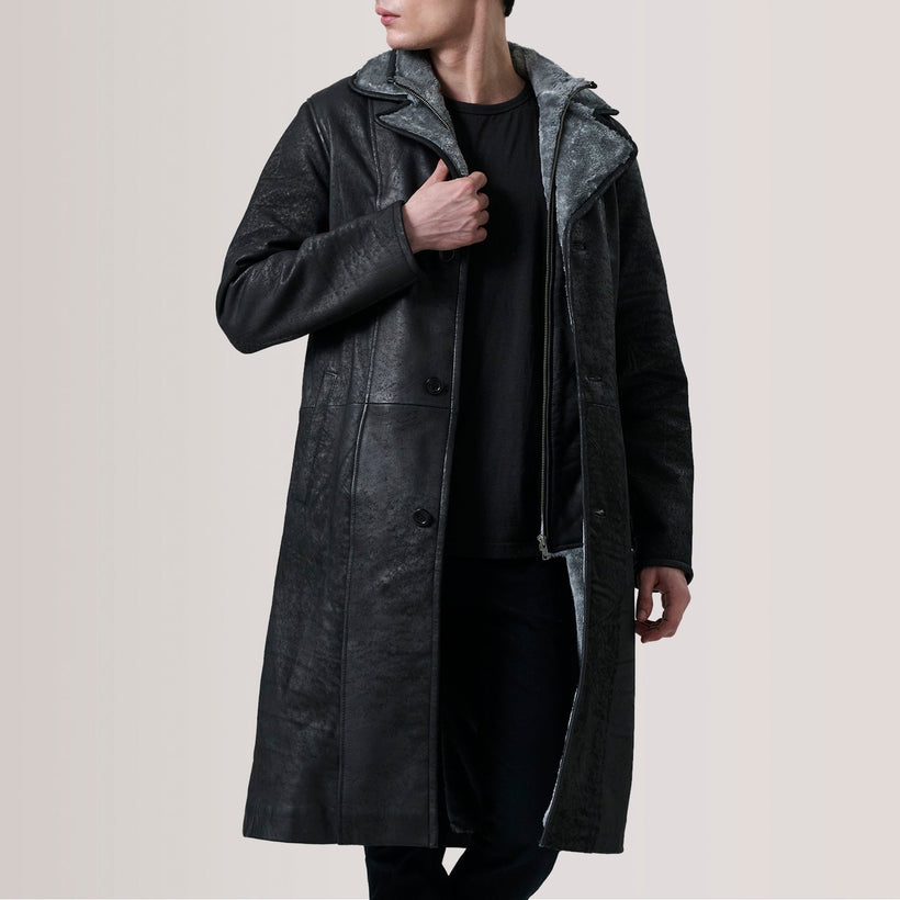 Cai Negro Envejecido Leather Shearling Abrigo de Cuero para Hombre