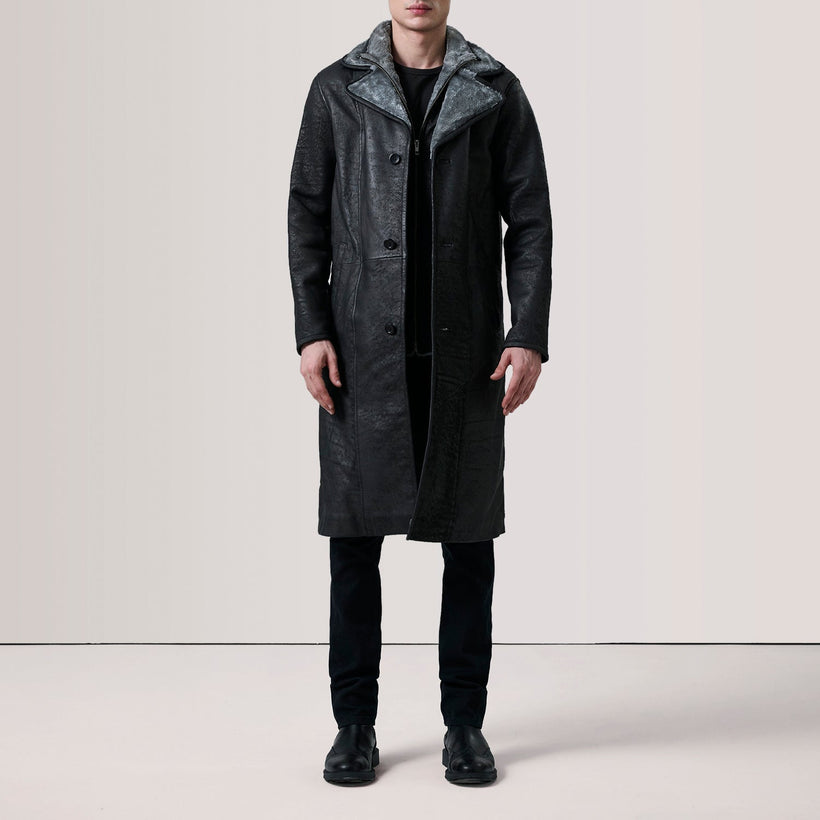 Cai Negro Envejecido Leather Shearling Abrigo de Cuero para Hombre