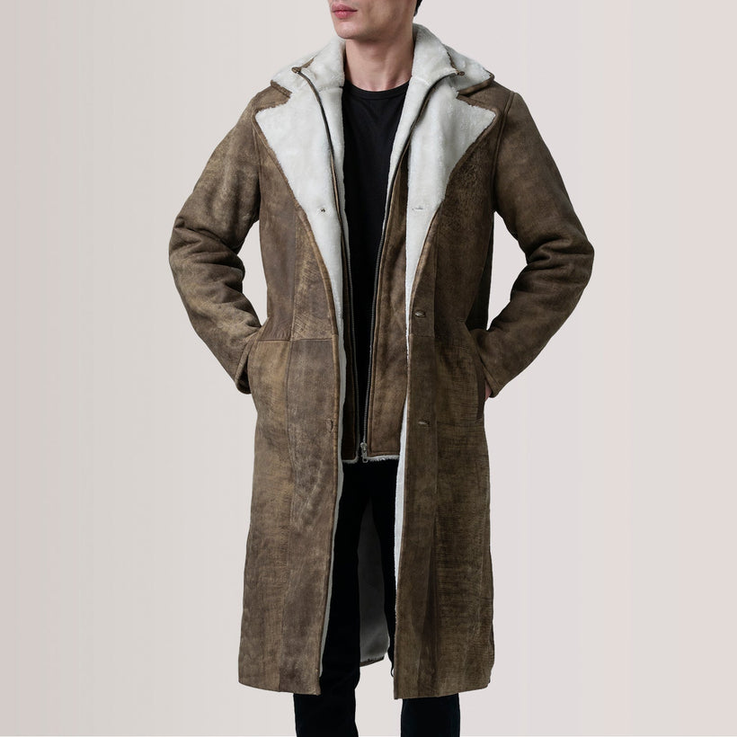 Cai Marrón Envejecido Leather Shearling Abrigo de Cuero para Hombre