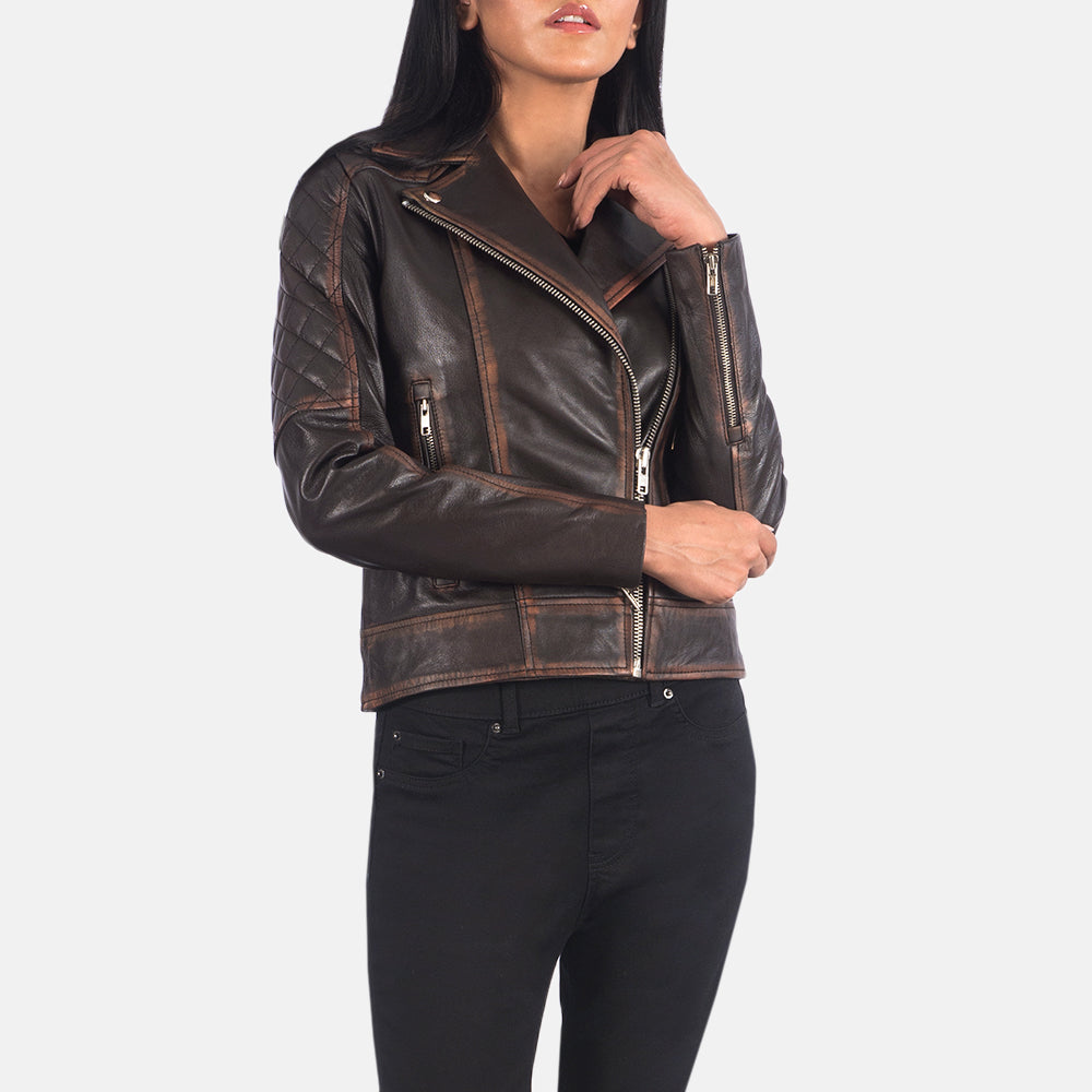 
Vista de detalle of Notch & Zipper Hardware on Carolyn Quilted Vintage Brown Biker Jacket