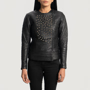 Women's Celeste Studded Negro Chaqueta de Cuero para Mujer in Black Sheepskin Leather - Vista frontal y silueta a medida | Comprar online