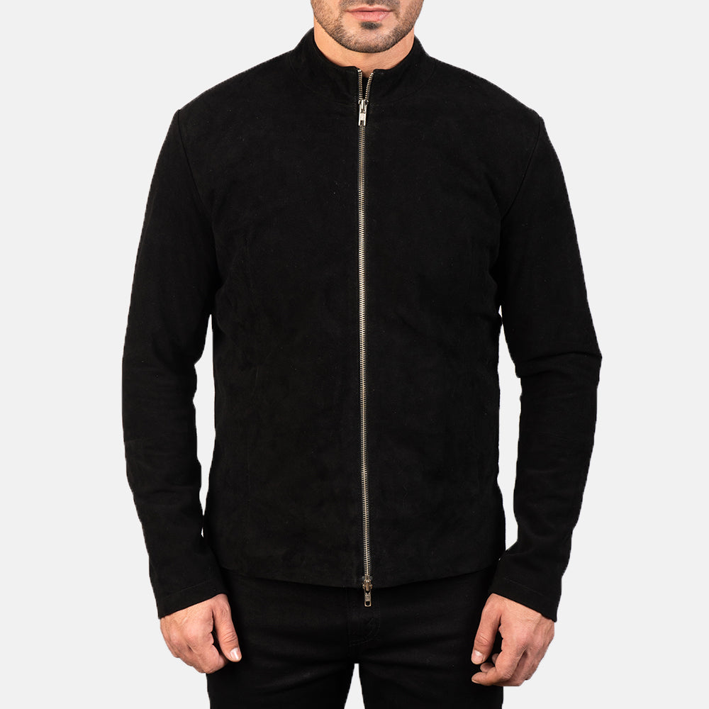 Detalle de cerca of Mandarin &amp; Zipper with Dual Puller Hardware on Men's Charcoal Negro Suede Chaqueta Biker de Cuero para Hombre