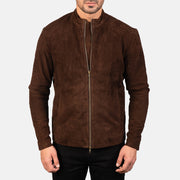 Detalle de cerca of Mandarin &amp; Zipper with Dual Puller Hardware on Men's Charcoal Mocha Suede Chaqueta Biker de Cuero para Hombre
