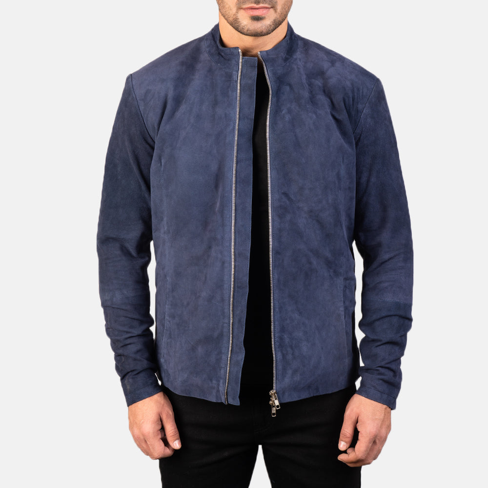 
Charcoal Navy Azul Suede Chaqueta Biker de Cuero para Hombre in Navy Blue Goatskin Suede - Vista frontal y silueta entallada | Comprar online