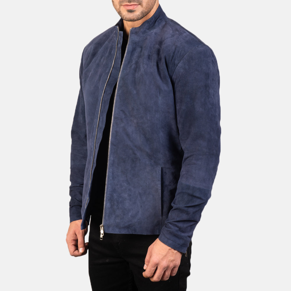 
Navy Blue Goatskin Suede Biker Jacket - Vista posterior con hombros definidos y bajo impecable