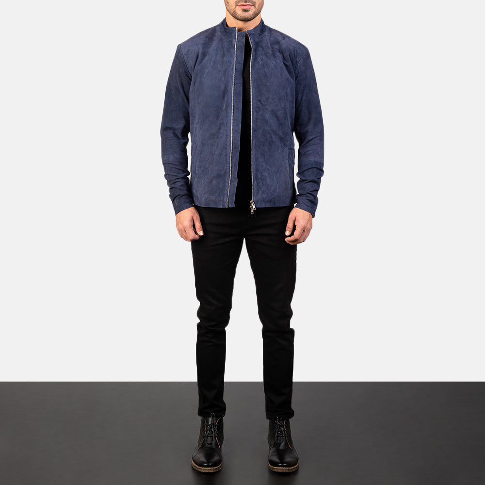 
Charcoal Navy Azul Suede Chaqueta Biker de Cuero para Hombre - Vista lateral mostrando el corte ergonómico de mangas