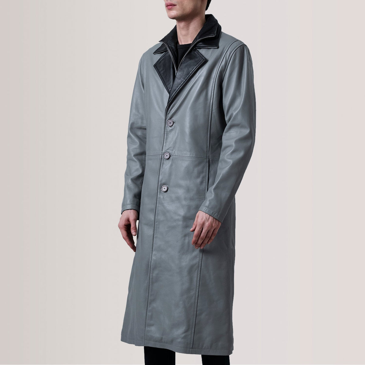 Charlton Gris Leather Single Breasted Abrigo de Cuero para Hombre For Men - Vista de perfil lateral con corte ergonómico de manga