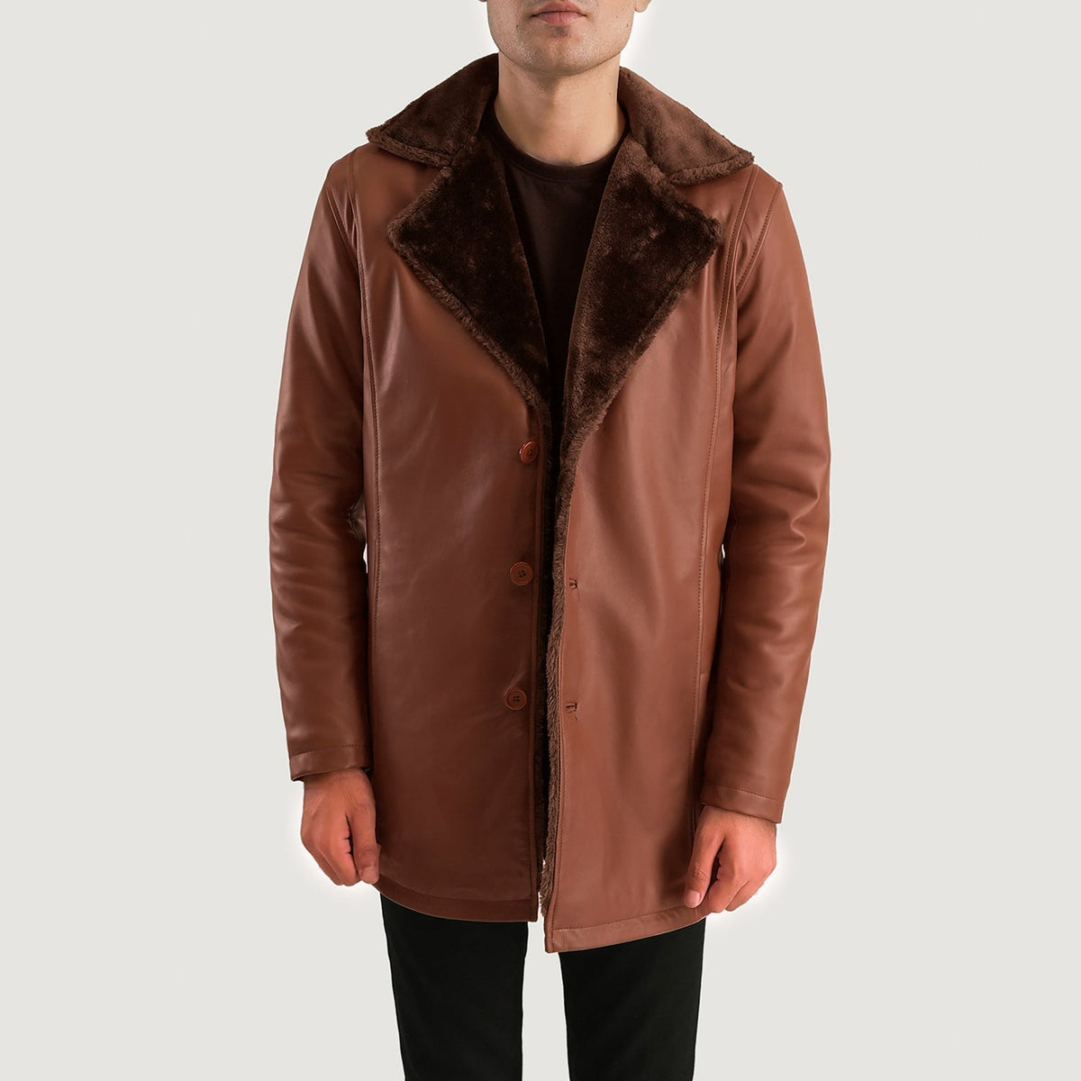 Close-Up Detail of Shirt & Button Hardware on Men's Cinnamon Brown Leather Fur Coat