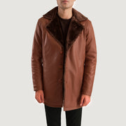 Close-Up Detail of Shirt & Button Hardware on Men's Cinnamon Brown Leather Fur Coat