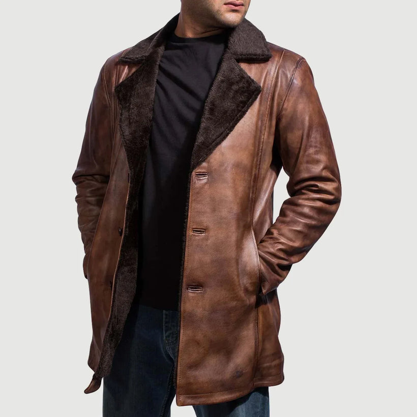 Cinnamon Efecto Envejecido Leather Fur Abrigo de Cuero para Hombre