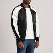 Black &amp; White Satin Varsity Jacket - Vista trasera con ajuste entallado en hombros y bajo impecable