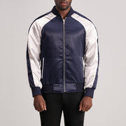 Clarke Azul Varsity Chaqueta de Cuero para Hombre in Blue &amp; White Satin - Vista frontal y silueta a medida | Comprar online