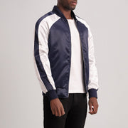 Blue &amp; White Satin Varsity Jacket - Vista trasera con ajuste entallado en hombros y bajo impecable