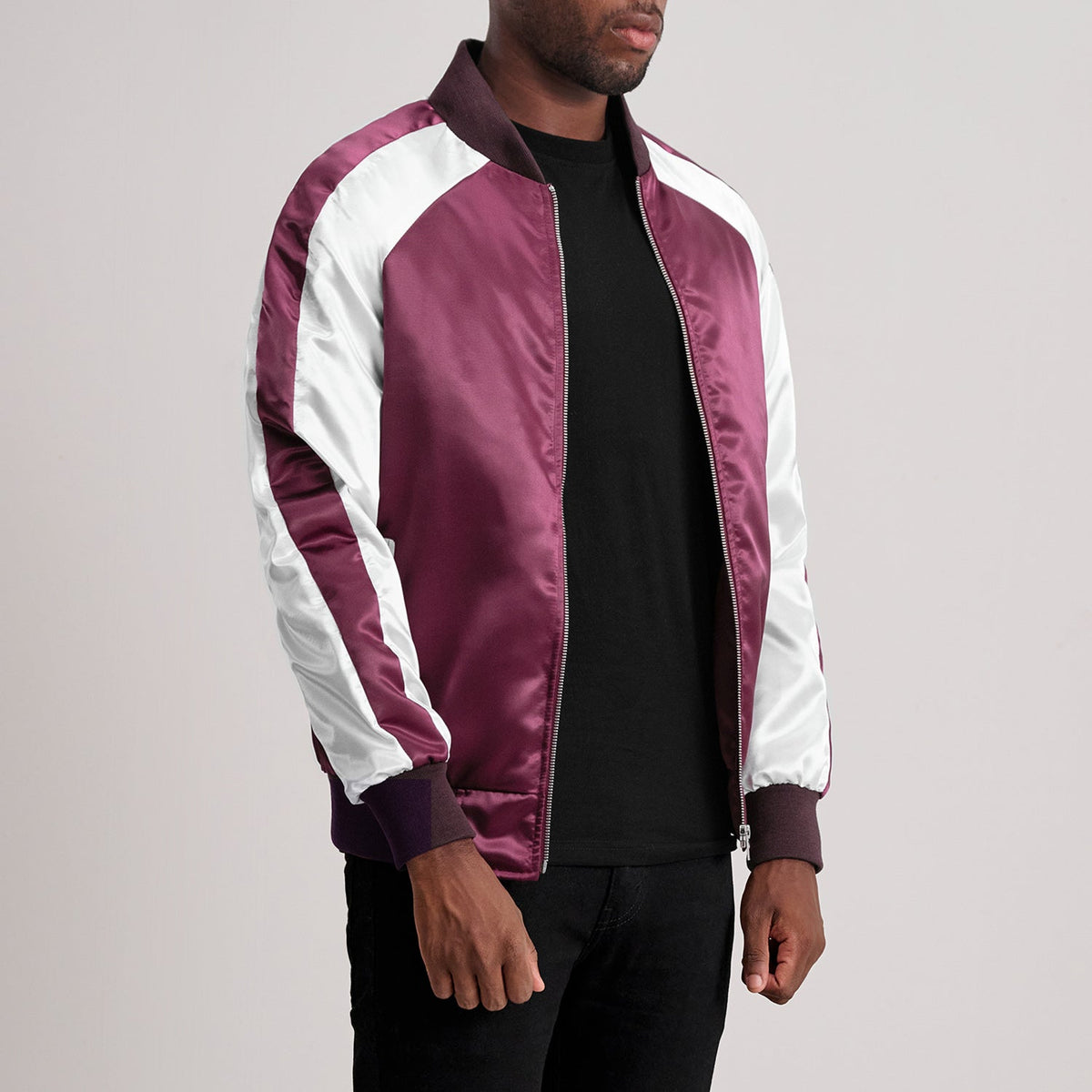 
Maroon & White Satin Aviator Jacket - Vista posterior con hombros definidos y bajo impecable