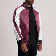 
Maroon & White Satin Aviator Jacket - Vista posterior con hombros definidos y bajo impecable
