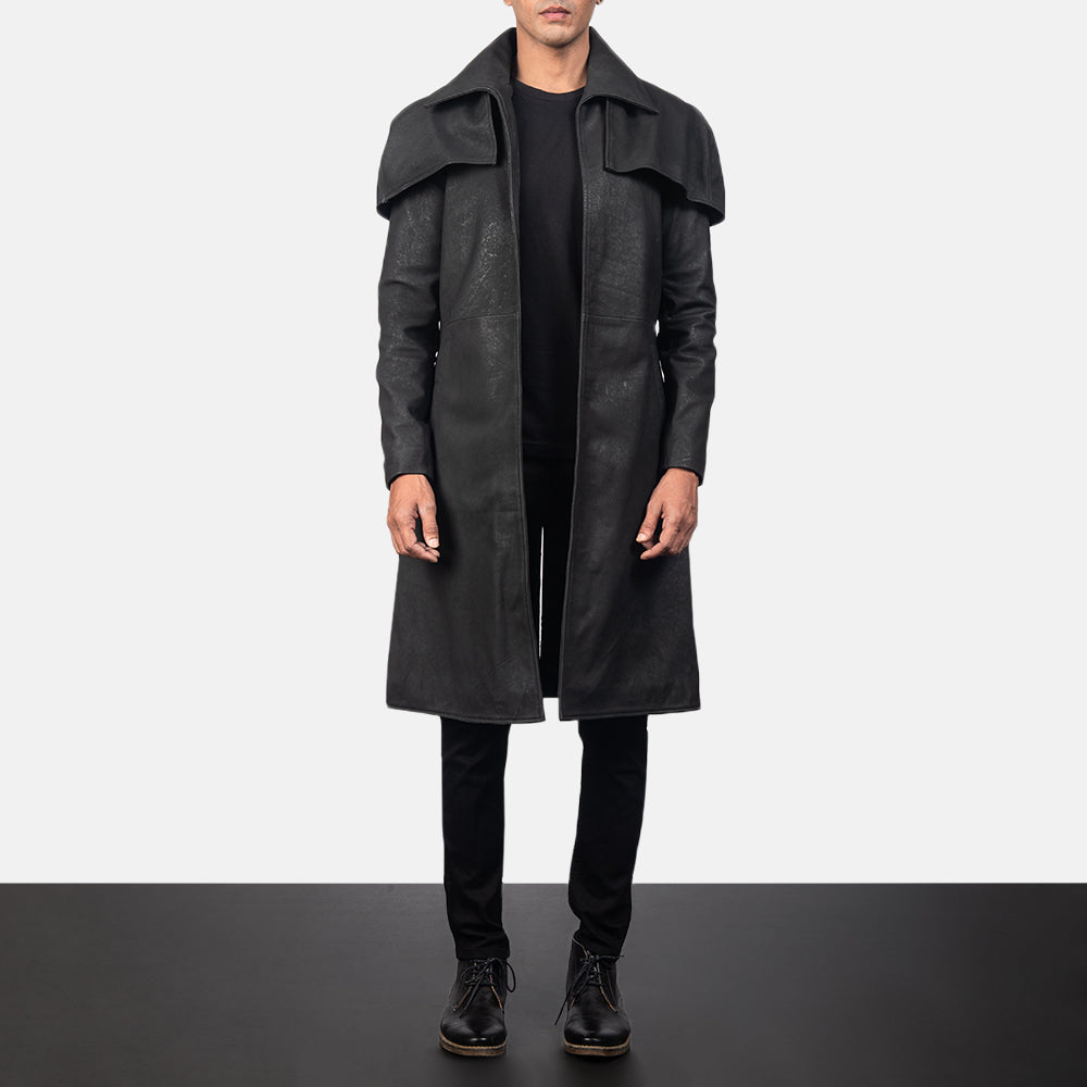 Men's Classic Efecto Envejecido Negro Leather Duster para Hombre in Distressed Black Sheepskin Snuffed - Vista frontal y silueta a medida | Comprar online
