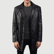 Men's Classmith Black Leather Coat in Black Cowhide Leather - Vista frontal y silueta a medida | Comprar online