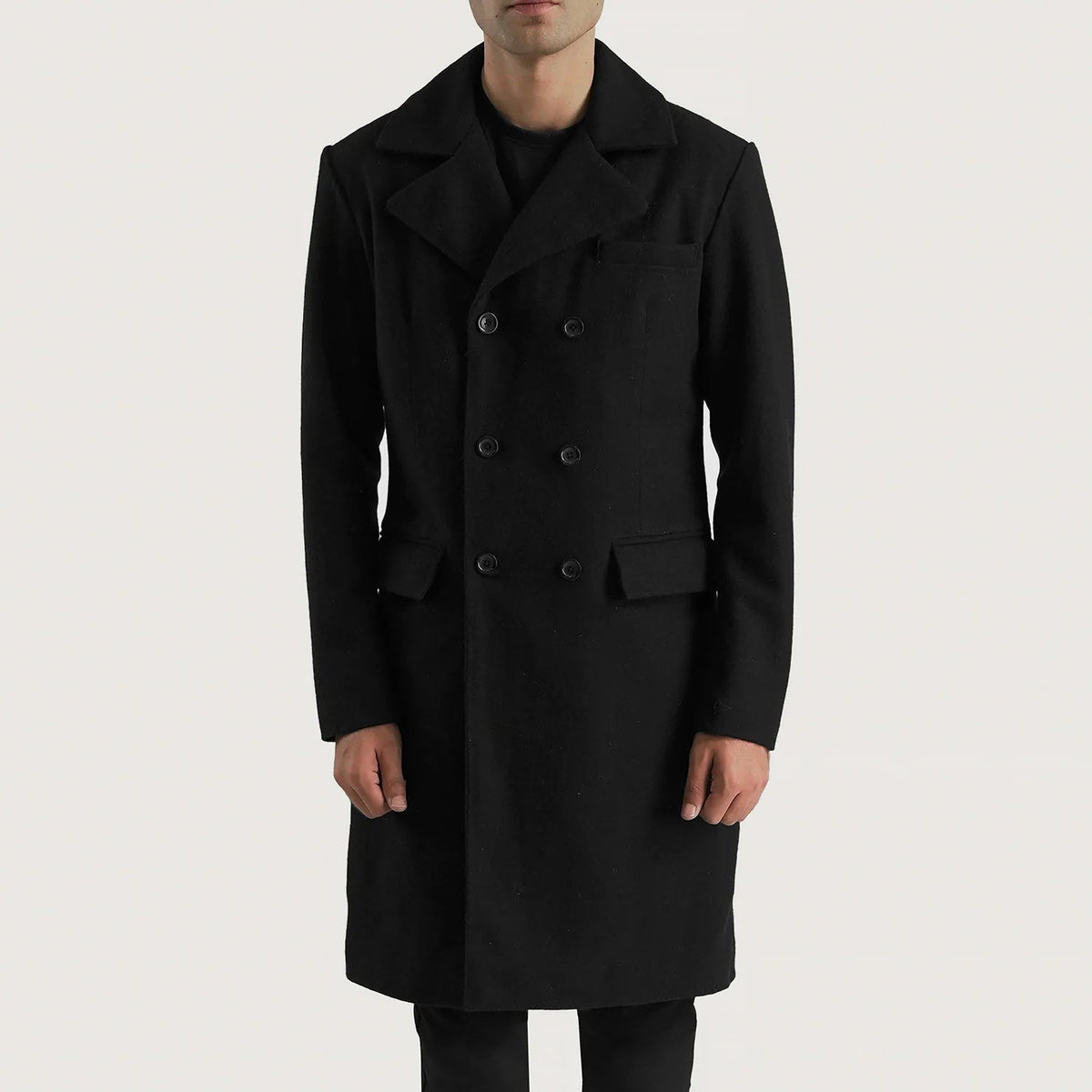 Men's Claud Black Wool Double Breasted Coat in Black Synthetic Wool - Vista frontal y silueta a medida | Comprar online
