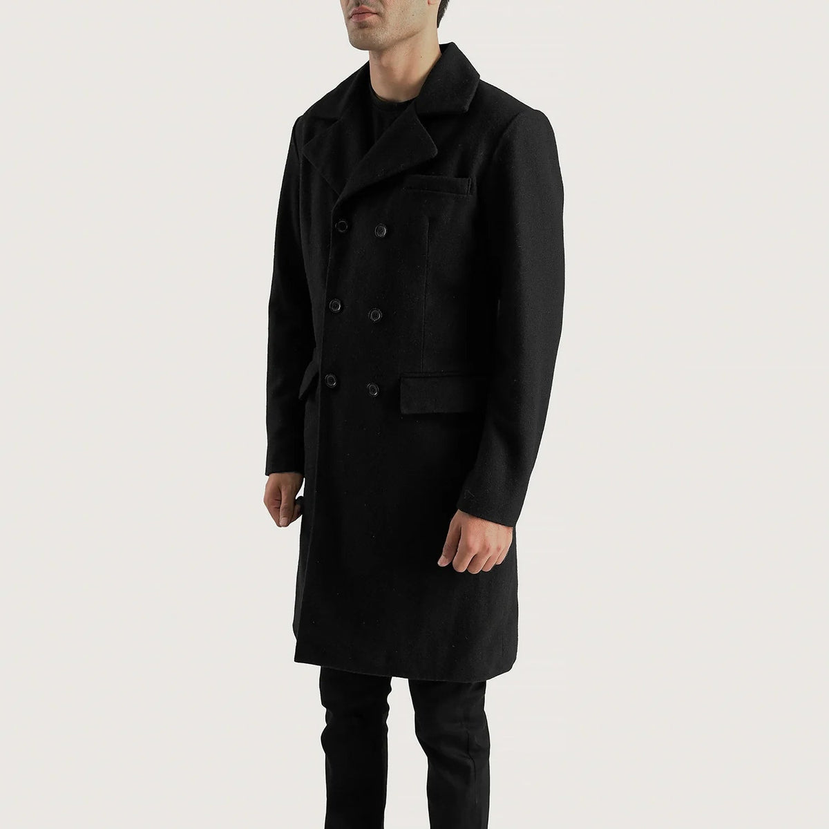 Black Synthetic Wool Trench Coat - Vista trasera con ajuste entallado en hombros y bajo impecable