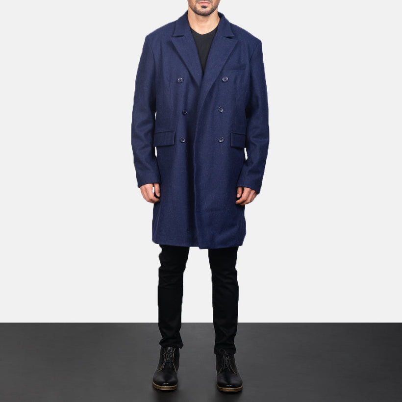 Claud Azul Wool Double-Breasted Abrigo de Cuero para Hombre