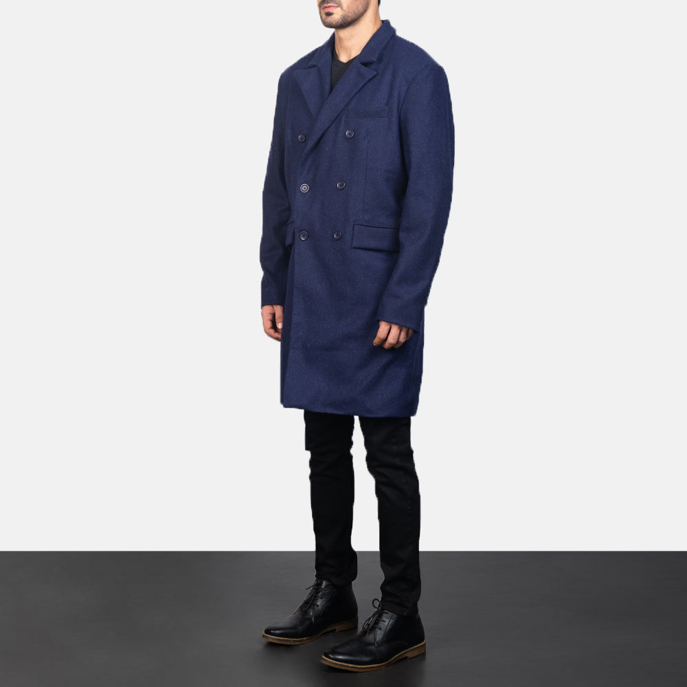 Navy Blue Synthetic Wool Trench Coat - Vista trasera con ajuste entallado en hombros y bajo impecable